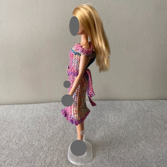 Handmade Crochet Pink Multicolour Dress+Cape+Belt for 29cm Doll 3-Piece Outfit - Picture 13 of 13